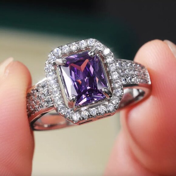 14k White Gold Amethyst Diamond Ring - Picture 1 of 5